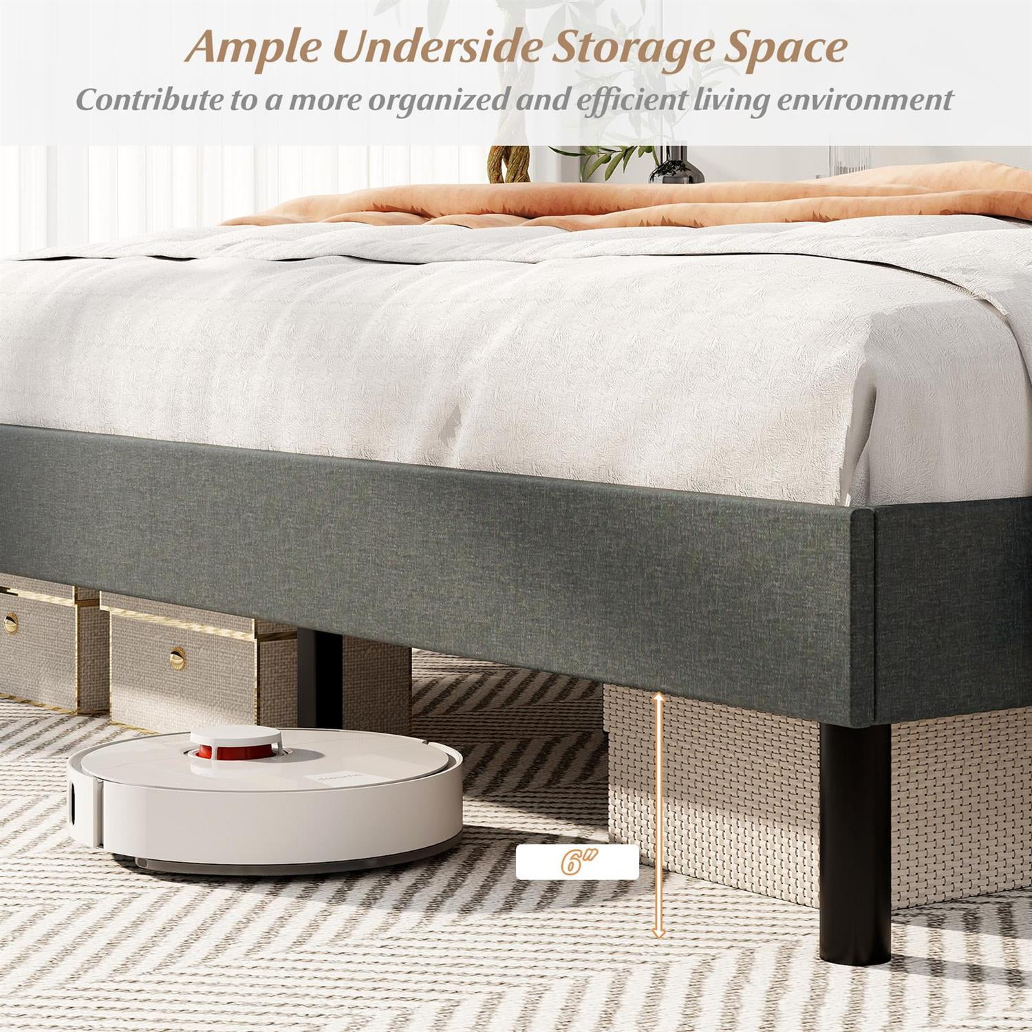 Spaco Queen Size Upholstered Bed Frame, Button Tufted Wingback Headboard, Linen Fabric & Foam, Rubber Wood Legs + Middle Support, Gray
