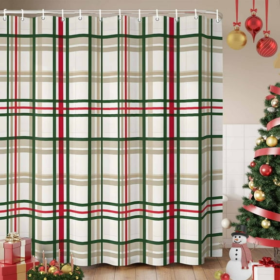 Green Red Plaid Christmas Shower Curtain, Xmas Checkered Buffalo Waterproof Fabric Shower Curtains with 12 Hooks, Bathroom Curtain Set for Bathroom Accessories Decor, 72 x 84 Inches