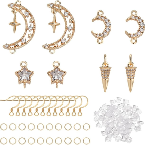 El kit para hacer aretes de sol y luna incluye 8 eslabones de latón de 4 estilos y dijes de cono, 12 ganchos para aretes, 20 anillas de acero y 20 tuercas de plástico para aretes.