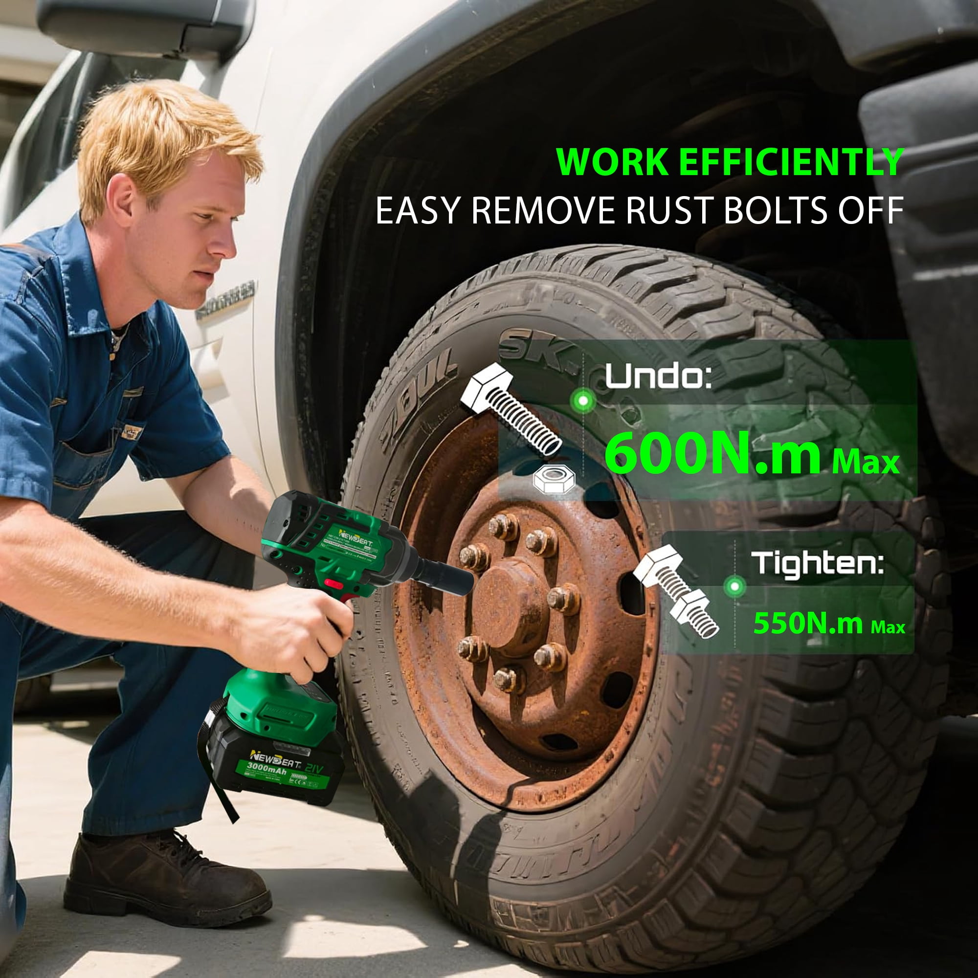 NEWBEAT Cordless Impact Wrench Set, 1/2 inch Impact Gun, 550 N.m Torque, 21V Brushless, 2400 RPM Variable Speeds for Car Home DIY, Tire Removal Tool
