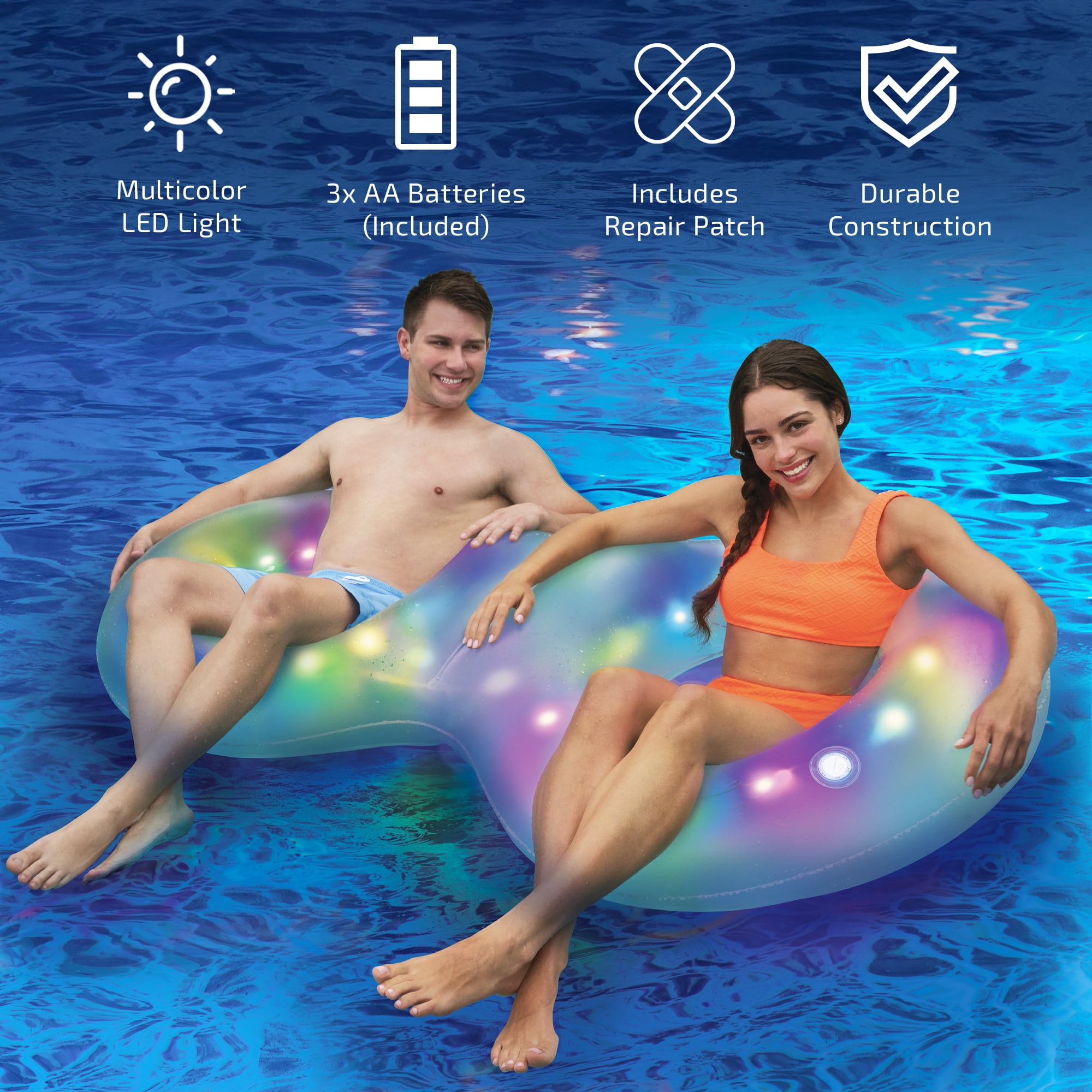 (2 pack) Bluescape LED Twin Tube Pool Ring Float, Inflatable Light-Up Pool Float