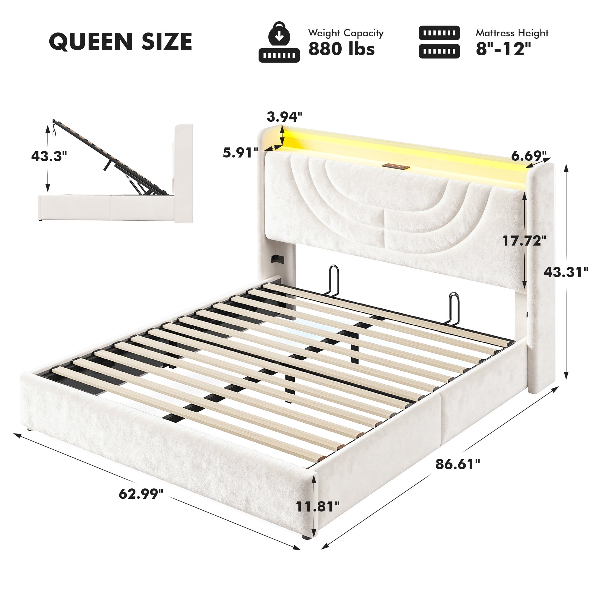 EnHomee Lift up Storage Bed with Headboard Queen Size Bed Frame with LED Light &Charge Station,Beige