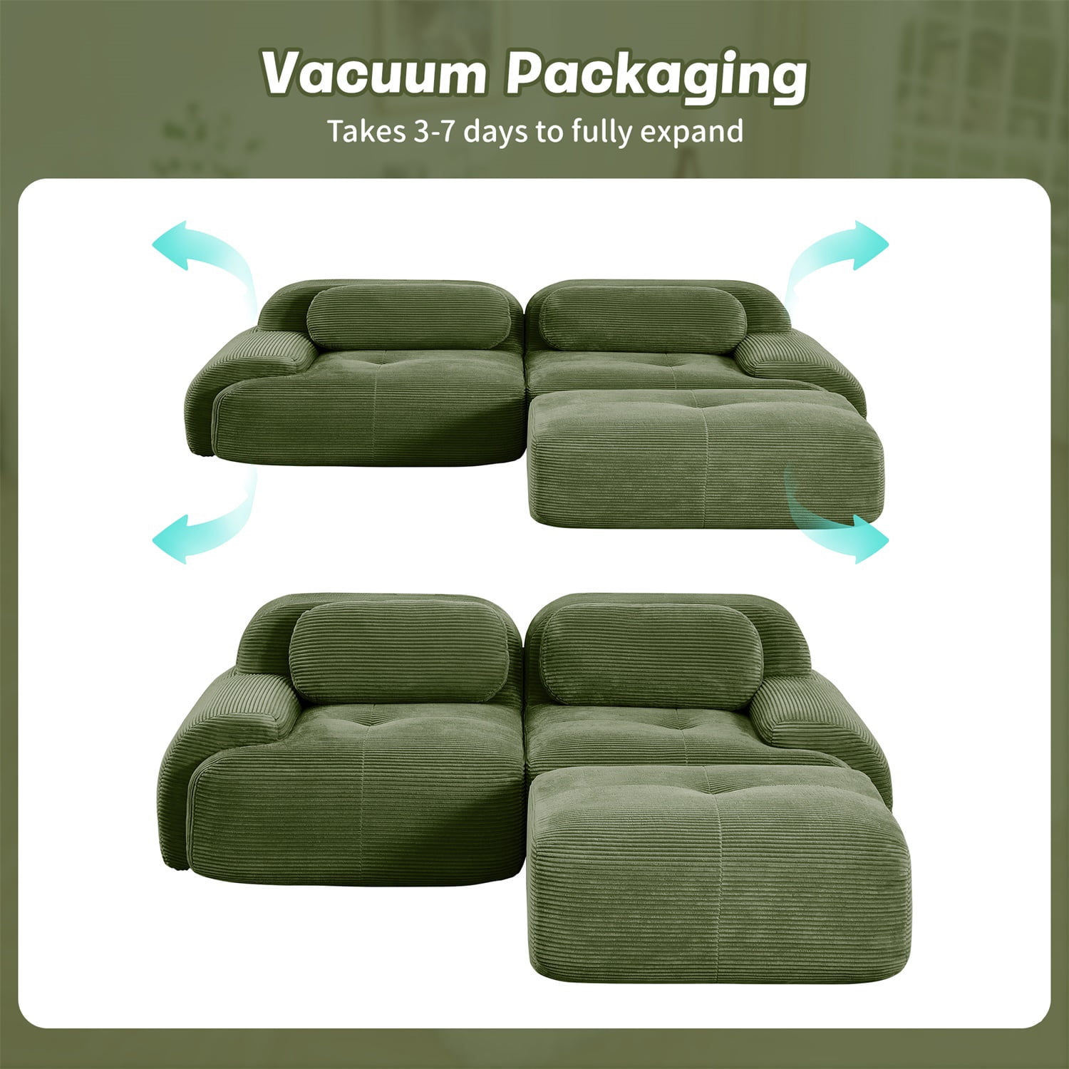 Hommoo 82" Luxury Corduroy Fabric Modular L-shaped Sofa, Multiple Combinations 2 Seater Sectional Sofa Couches with Curved Armrests, for Living Room Apartment, Green