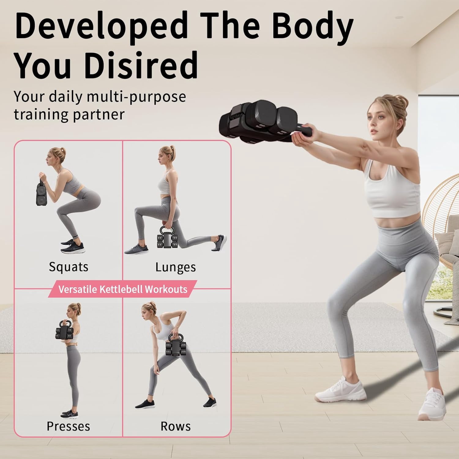 4-in-1 Adjustable Kettlebell and Dumbbell Set, Convertible Free Weights for Home Gym Fitness Training, Space-Saving Hand Weights for Women and Men, Black