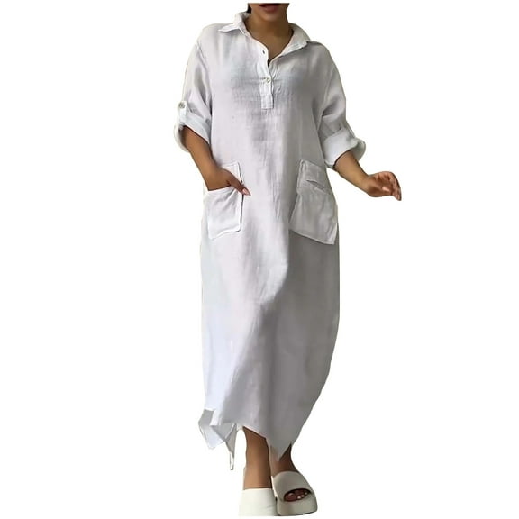 MaFYtyTPR Lg Sleeve Dress for Women Plus Size Womens Spring And Summer V-Neck Solid Cott And Linen Casual Pocket Lg Sleeved Dress ,Size L White