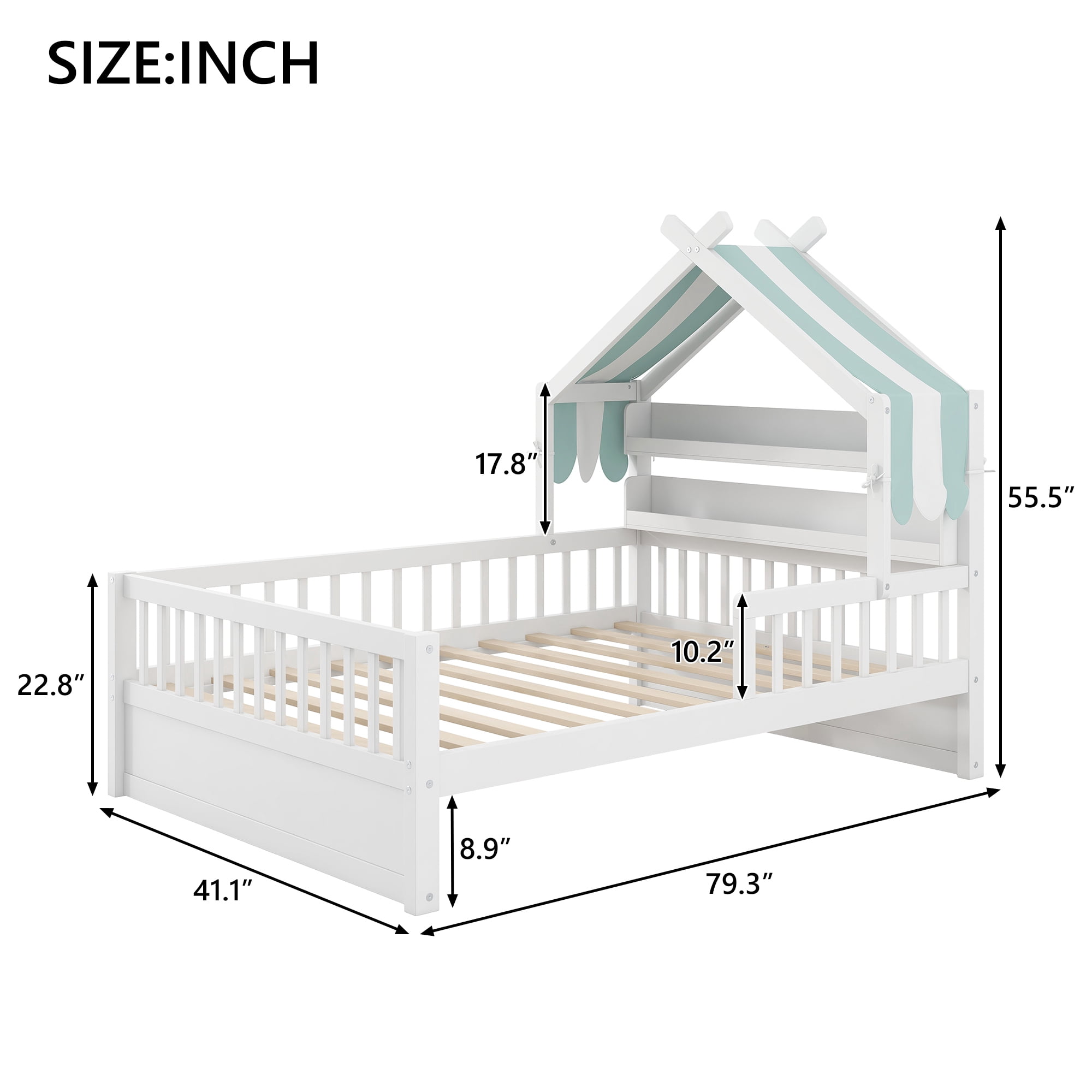 Euroco Wood Twin Size Platform Bed with Storage Headboard and Canopy, White