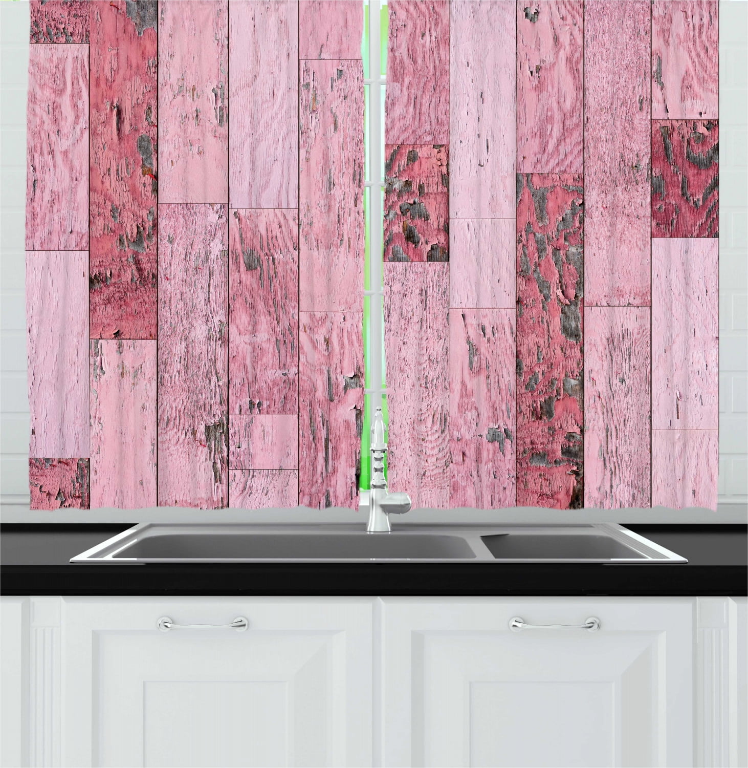 Wood Print Curtains 2 Panels Set, Pastel Pink Rustic Planks with a Distressed Look Barn House Cottage Theme, Window Drapes for Living Room Bedroom, 55W X 39L Inches, Pink, by Ambesonne