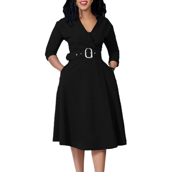 Women‘s A-Line Dress with Belt, 3/4 Sleeve Flared Dress for Wedding Guest & Office, Semi-Formal Dress