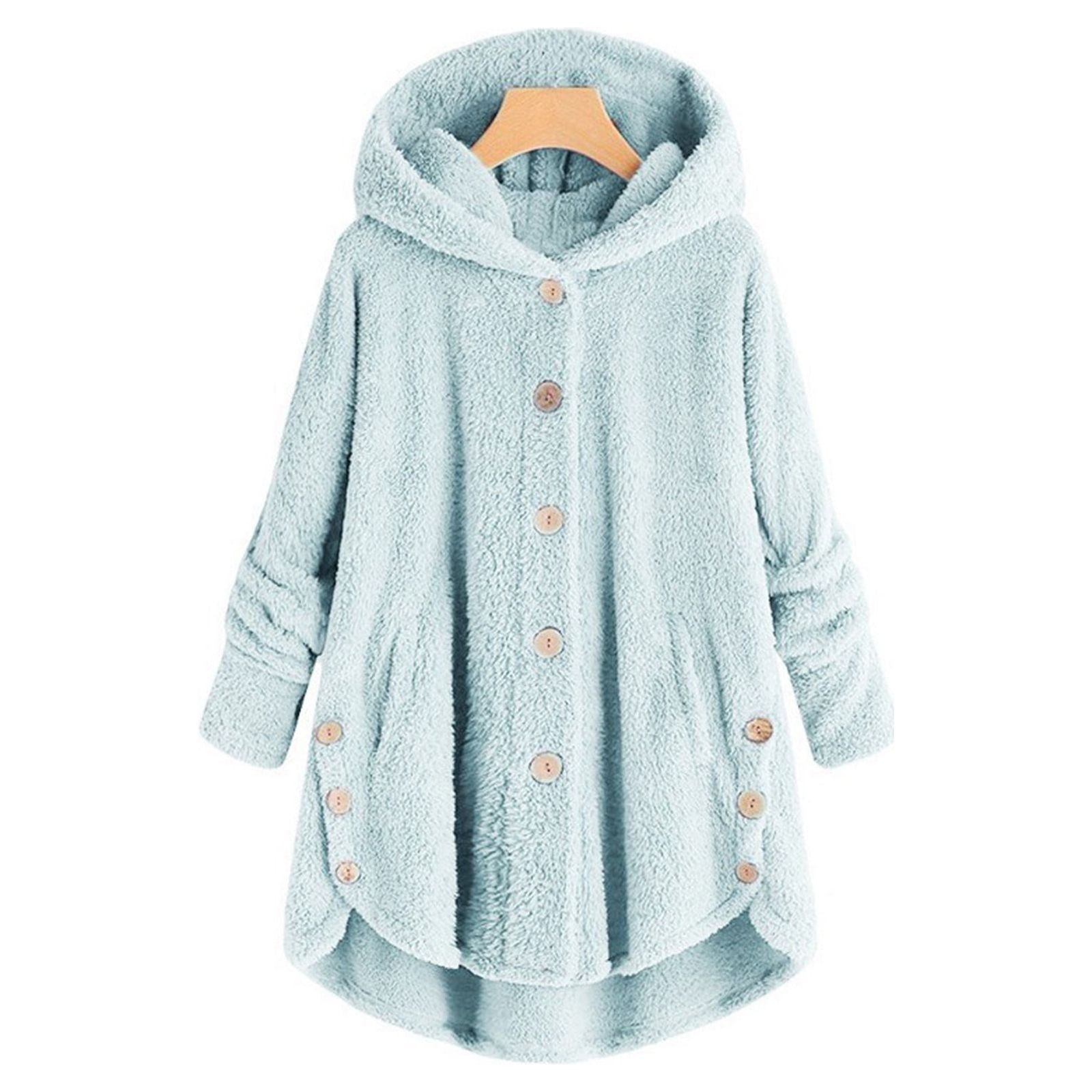 Winter Coats for Women with Hooded Plus Size S-5X Fleece Casual Long Sleeve Button Up Jackets Solid Warm Wool Irregular Hem Outerwear