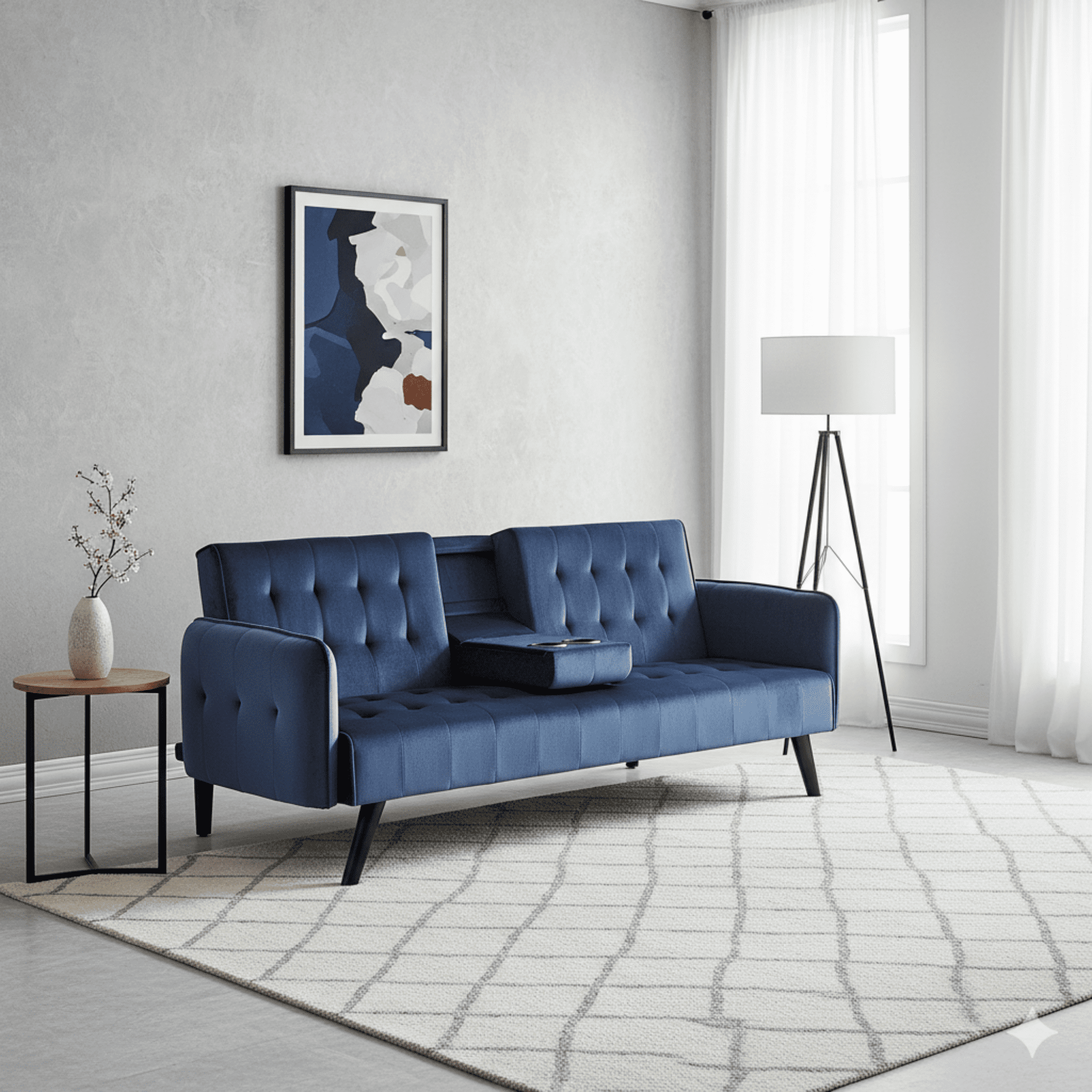 BSHTI 72" Linen Sleeper Sofa Bed with Folding Backrest,Adjustable Back, Drop-Down Table with Cup Holder for Living Room（Dark Blue）