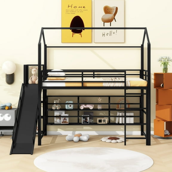 Twin Size House Metal Loft Bed with Iron mesh Shelves and Slide,Black