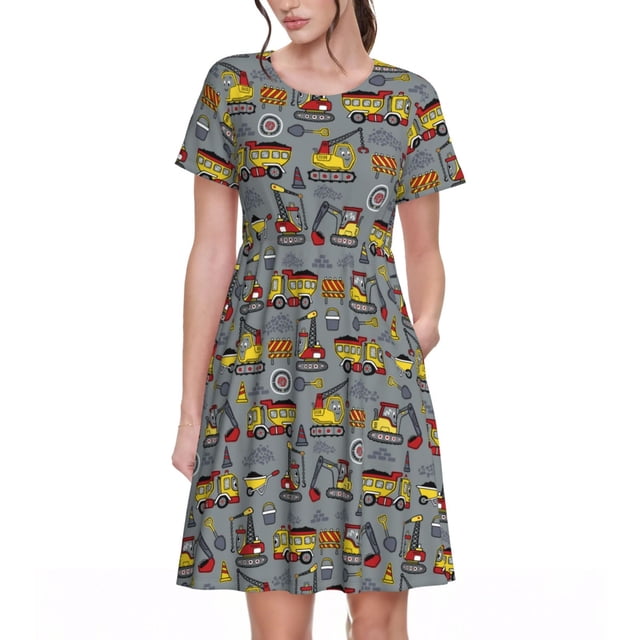 Easygdp Modern Excavator para Vestido Transpirable de Mujer, Vestido Suelto de Manga Corta con Pliegues y Bolsillos para el Verano