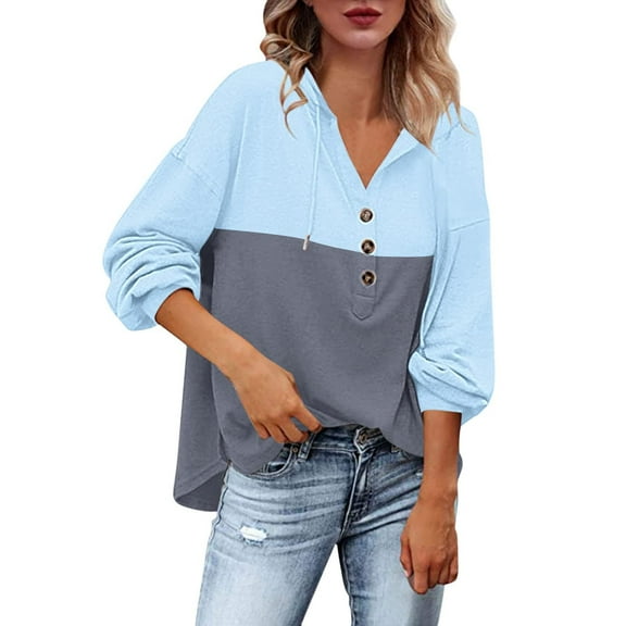 Womens Color Block Sweatshirts Hoodies Oversized Long Sleeve Pullover Tops Fashion V Neck Button Down Henley Shirts