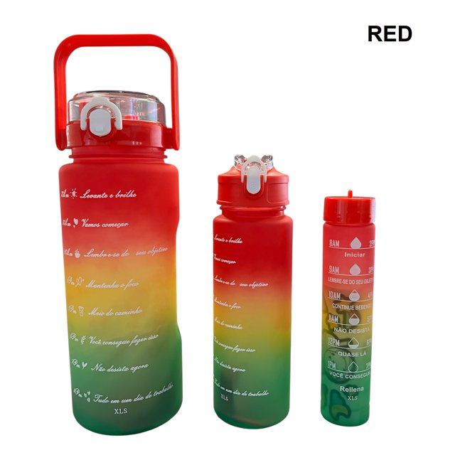Ensemble de 3 Bouteilles d'Eau Motivationnelles Rouges avec Repères de Temps, Cruches en Tritan Étanches Sans BPA (2000 ml + 900 ml + 280 ml)