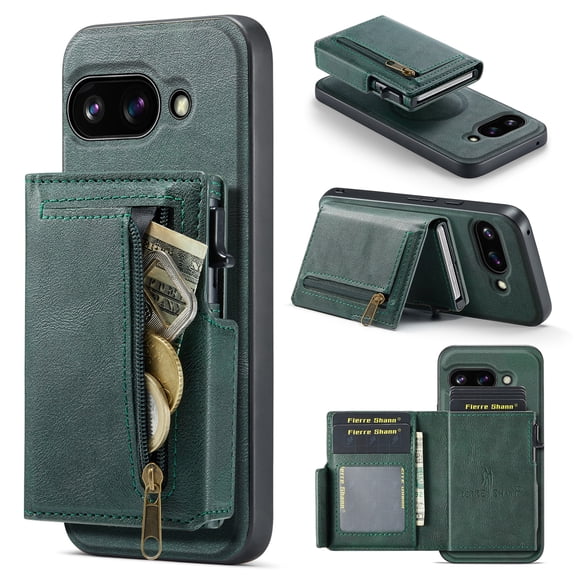 for Google Pixel 10A Back Wallet Phone Case with RFID Blocking Detachable Card Holder, PU Leather Flip Kickstand Shockproof Zipper Pocket Magnetic Cover for Google Pixel 10A, Green
