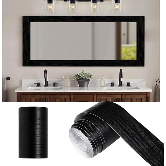 WLGJL 32FT Border Peel &Stick Black Wood Grain Wallpaper Border Removable Waterproof Bathroom Mirror Frame Sticker (Black, 3.93Inch X 32.8Ft)