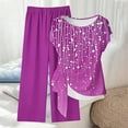 thumbnail image 4 of Guieoi Summer Two-Piece Outfit Loose-Fit Print Trousers with Tie-Waist Short-Sleeve Round-Neck Top Casual Matching Set Purple S, 4 of 5