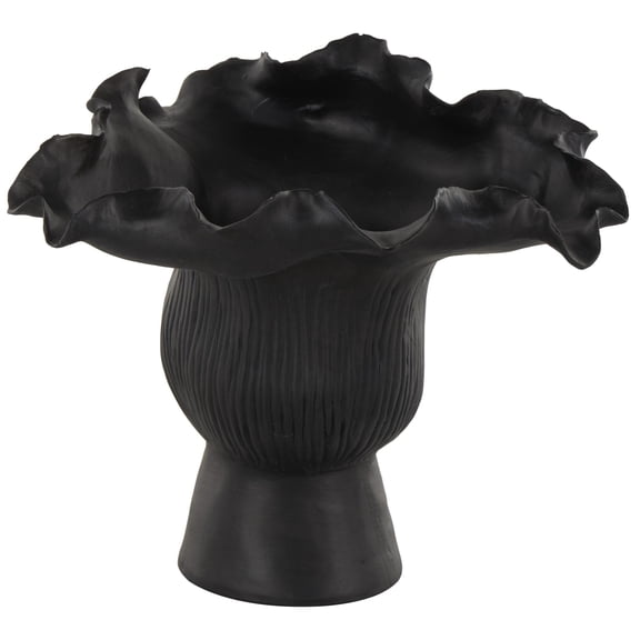 DecMode 8" Abstract Floral Inspired Black Ceramic Vase with Wavy Folded Rim and Linear Grooves