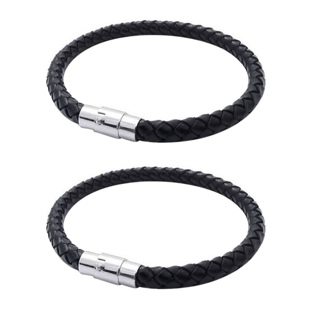 2X Acero Inoxidable de Cuero, Pulsera de Cuero Trenzado, para Hombres Mujeres, Negro - Ancho 6mm - Longitud 23cm