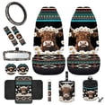 thumbnail image 2 of Jeiento Highland Cow Car Front Seat Protector Aztec Steering Wheel Cover Seatbelt Pads Center Console Cover Daisy Trash Bin Air Vent Bag Rearview Mirror Cover Cup Holders Wrist Key Chain 12 Pack, 2 of 7