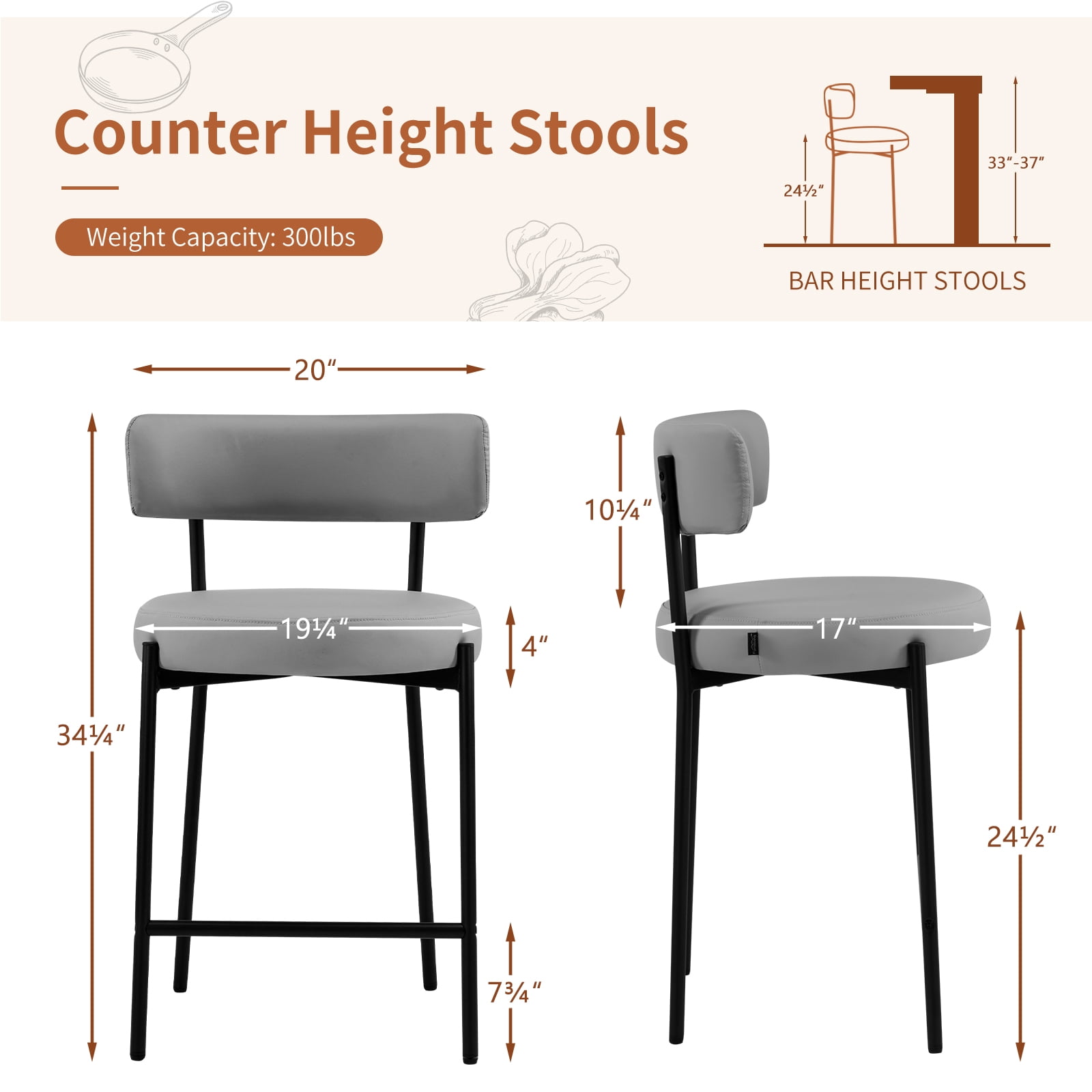 Furniliving Bar Stools Set of 2, Modern Counter Height Bar Stools with Back, Upholstered Bar Height Barstools for Kitchen Counter/Home Bar/Dining Room, Faux PU-Gray