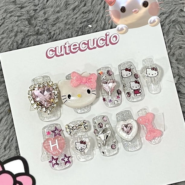 Sanrio Hello kitty Y2K Hot Girl pegatinas de uñas falsas estilo Harajuku, pequeño corazón fresco, colgante de diamantes de imitación, pegatinas de uñas reutilizables