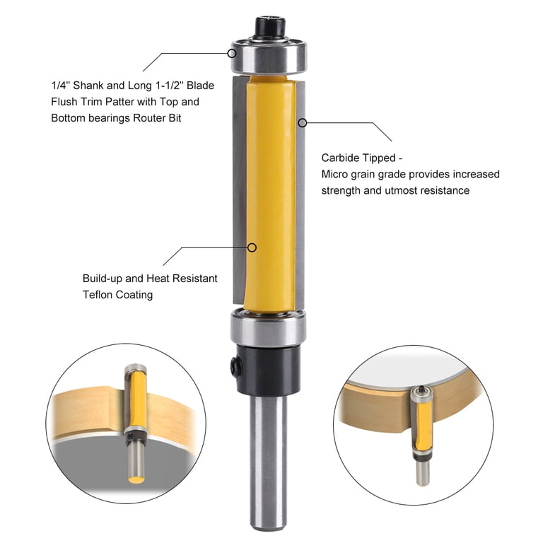 Straight Router Bit With Top & Bottom Bearings – 1/4" Shank, 1/2" Cutting Diameter, 1-1/2" Height For Flush Trim & Edge Finishing On Wood, MDF, Plywood