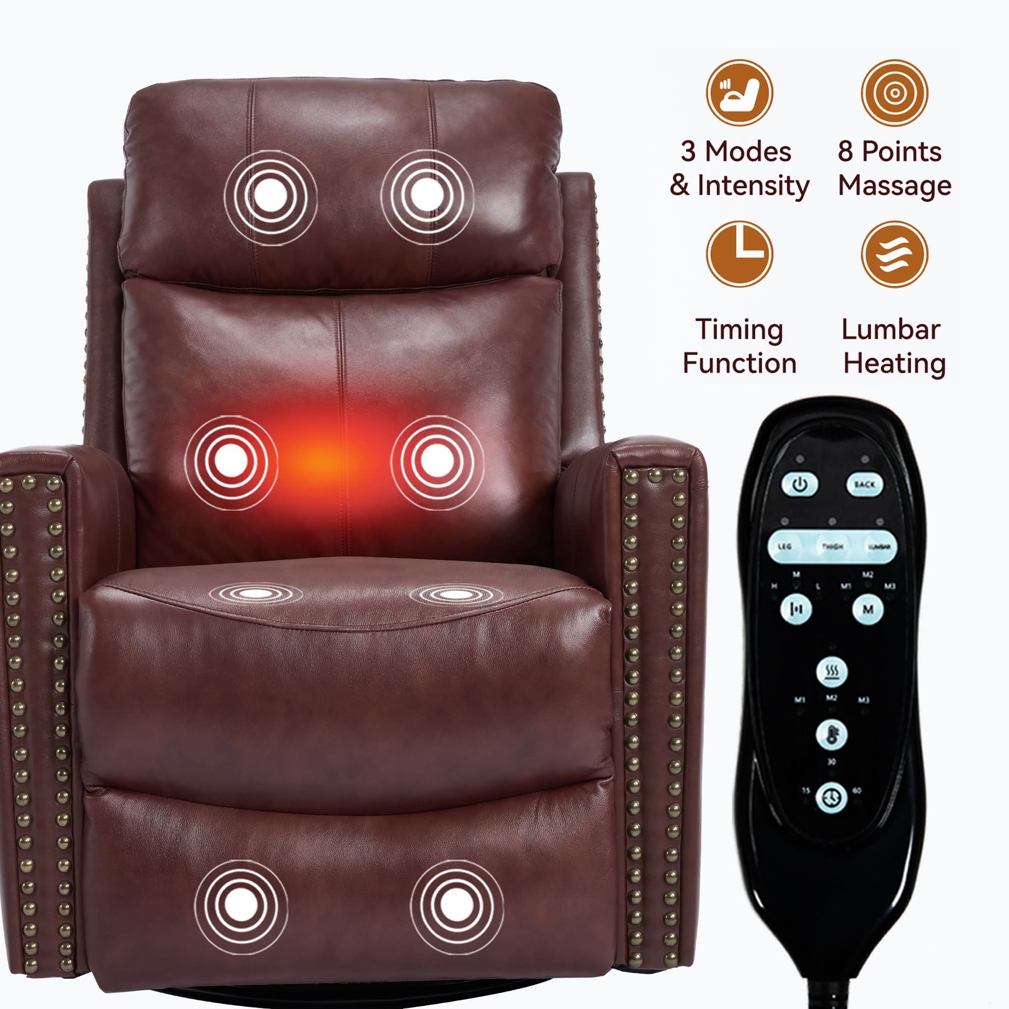 MAYEERTY Genuine Leather Swivel Recliner Chair, Manual Rocker Lounge Chair with 8-Point Massage & Lumbar Heat, for Living Room Home Theater