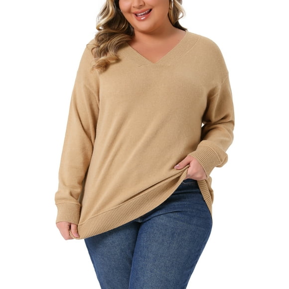 Suéter de talla grande Agnes Orinda para mujeres, de manga larga, con cuello en V, suéter básico de punto casual de otoño, talla 4X, color caqui