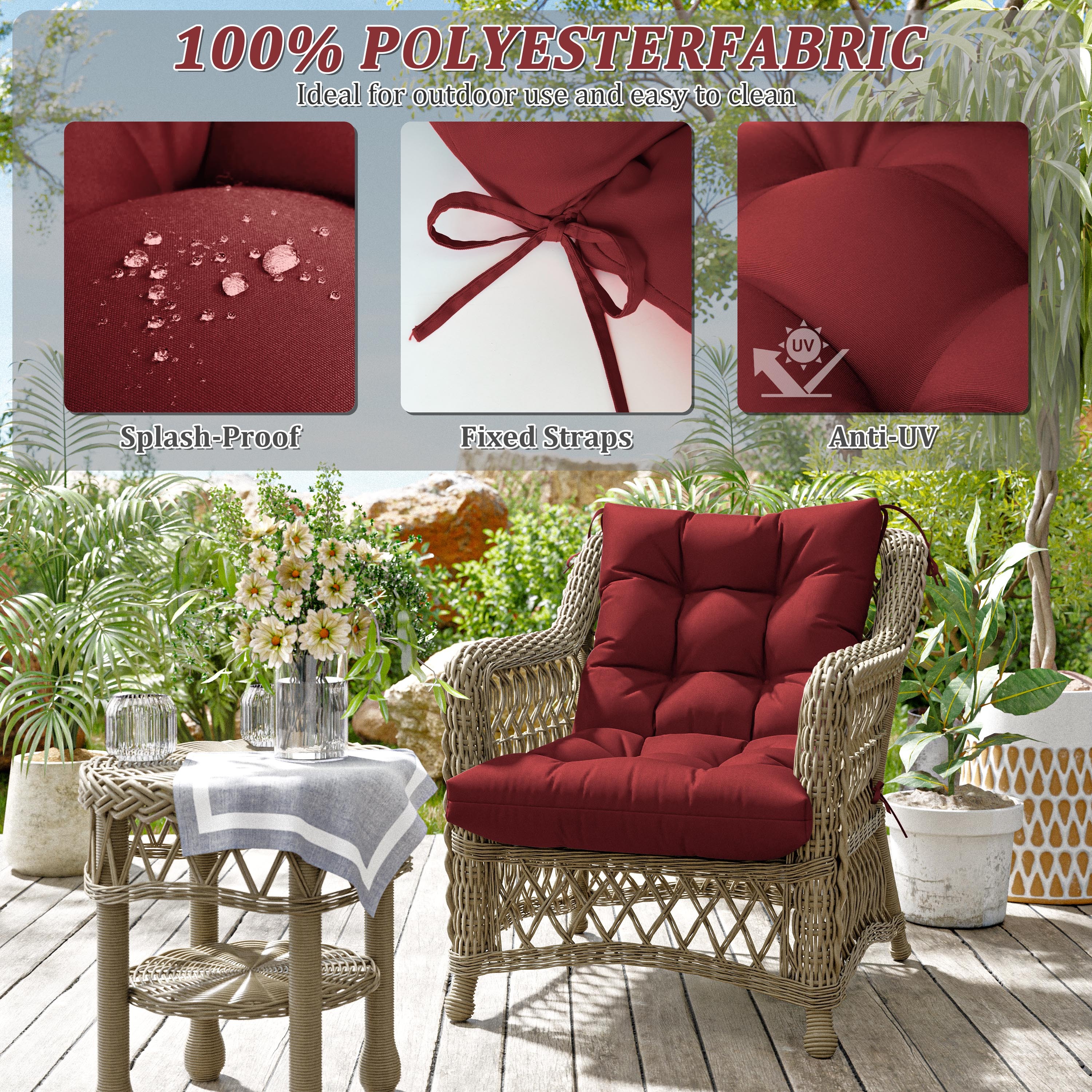 Pakunoda Chairs Cushions 42" X 21" Tufted Non Slip Pad Seat and Seatback 4 Set Cushion with Ties for Patio Outdoor & Indoor Rocking Chair, Burgundy