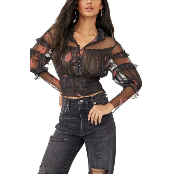 Free People Sheer Ruffled Smocked-Hem Top In Dark Romance