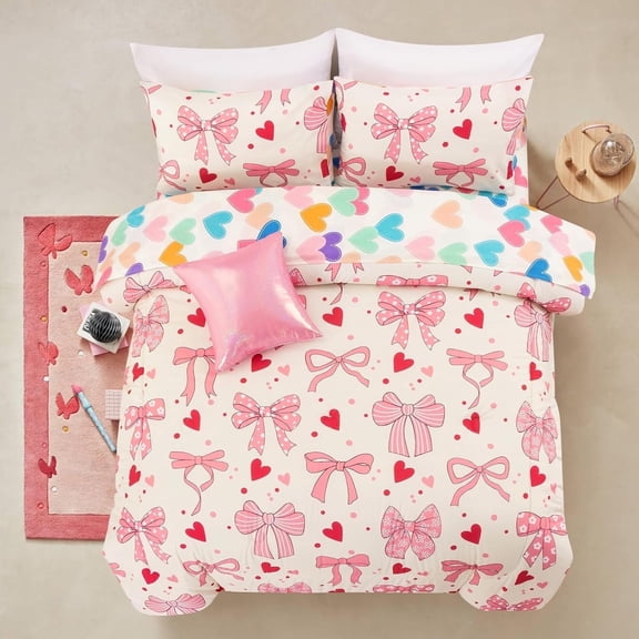 NTBED Chic Bowknot Kids Comforter Set for Girls, Twin Size 6 Piece Bed in a Bag Soft Polyester Bedding Set with Love, Bow & Polka Dot Design, Beige