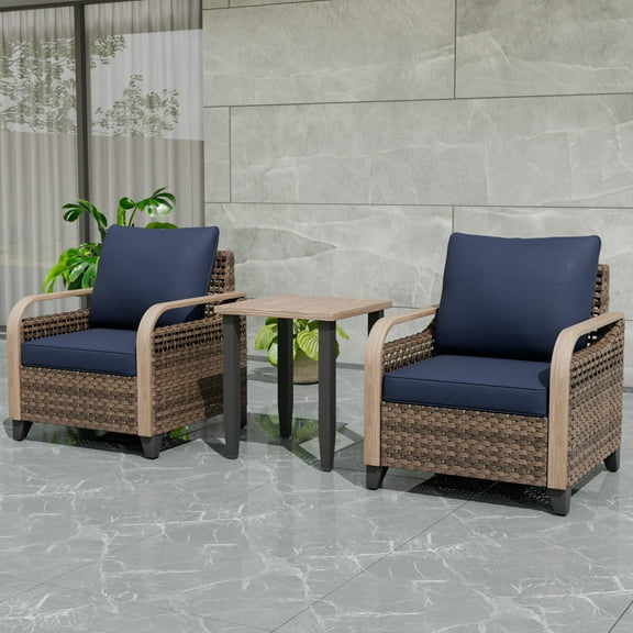 EAGLE PEAK Wicker Bistro Table and Chairs Set of 3, Outdoor Bistro Set, 3 Piece Patio Furniture Set w/ Wicker Outdoor Chairs & Side Table, Brown/Blue