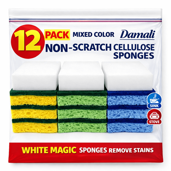 12-Pack Mixed Cleaning Sponges – Cellulose, Heavy-Duty Scrub, Soft Non-Scratch & Magic Sponge Set for Dishes, Kitchen, Bathroom, Walls & Household Cleaning