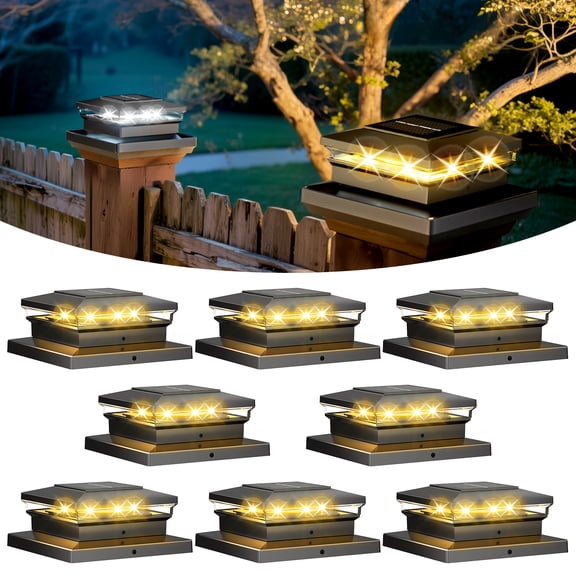 Solar Post Cap Lights 8-Pack, 4x4 Solar Post Lights with 2-Color Warm/Cool White, IP64 Waterproof Outdoor Deck Lights Fit 4x4 5x5 6x6 Posts, Black