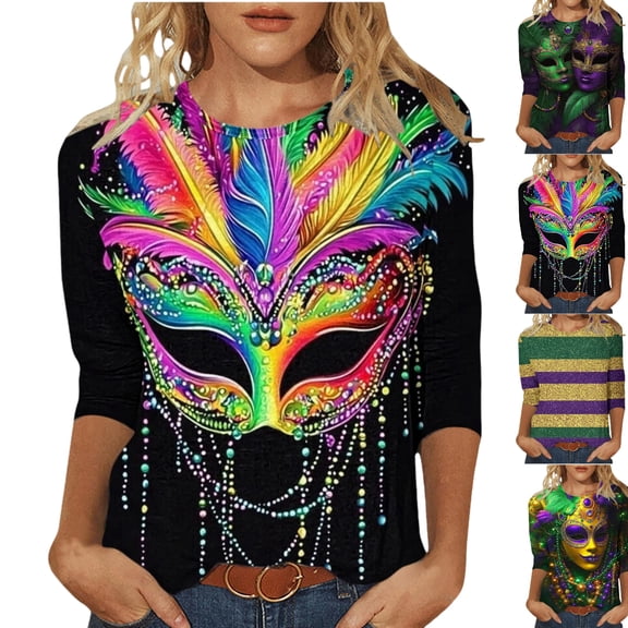 Mardi Gras Shirts for Women Masked Graphic 3/4 Sleeve 2026 Carnival Top Loose Casual Crew Neck Funny Tee Shirts Raved Outfits Mardi Gras Outfit