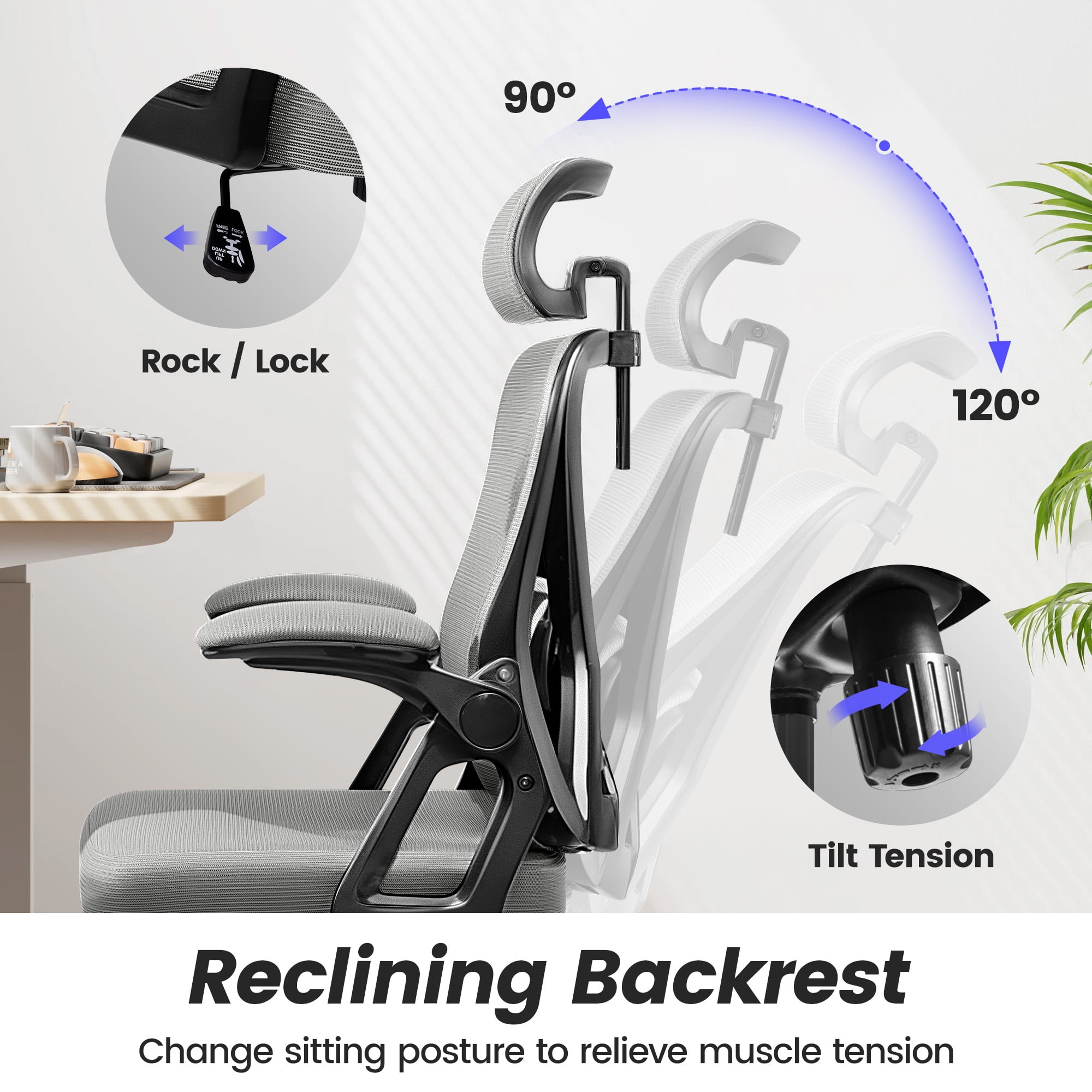 COOLHUT Ergonomic Office Chair, High Back Mesh Office Desk Chair with Headrest 500LBS, Executive Office Chair with Adjustable Aremrest, Home Office Swivel Desk Chair for Home Office, Light Gray