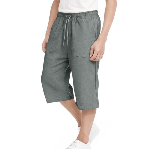 OYXSER Boys Straight Leg Linen Capri Pants Drawstring Elastic Waist 3/4 Summer Shorts Pockets, Gray 10-11Y