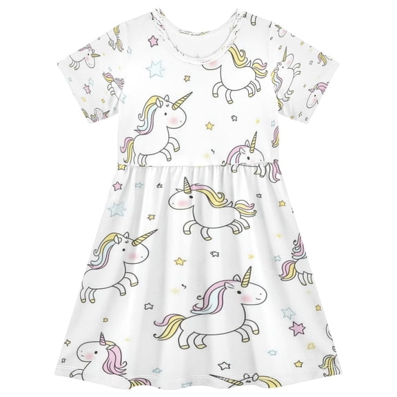 Girls Short Sleeve A-Line Dress Cute Unicorn Play Dress Sizes 2T