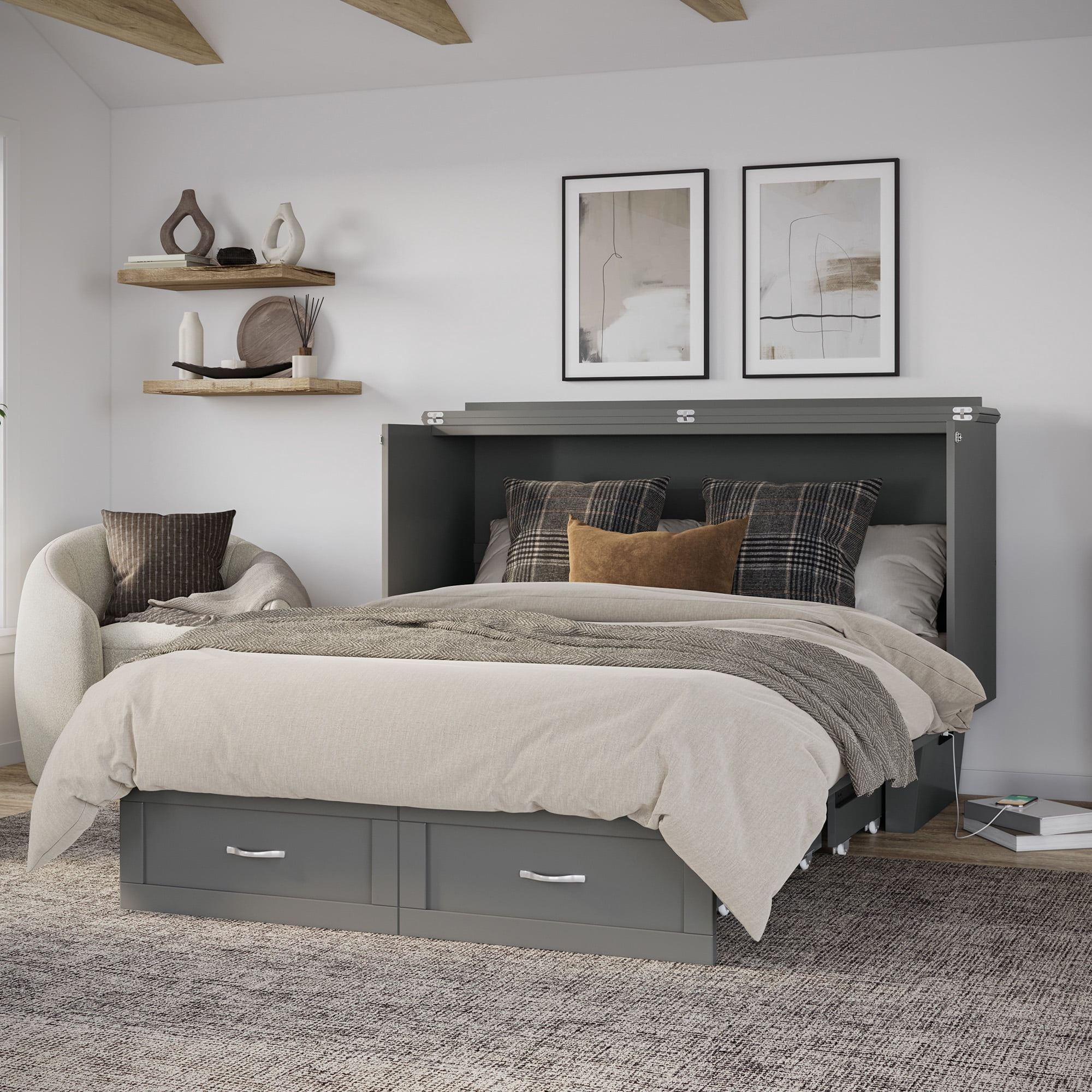 AFI Chelsea Queen Murphy Bed Chest with Mattress, Storage & Built-in Charging, Grey