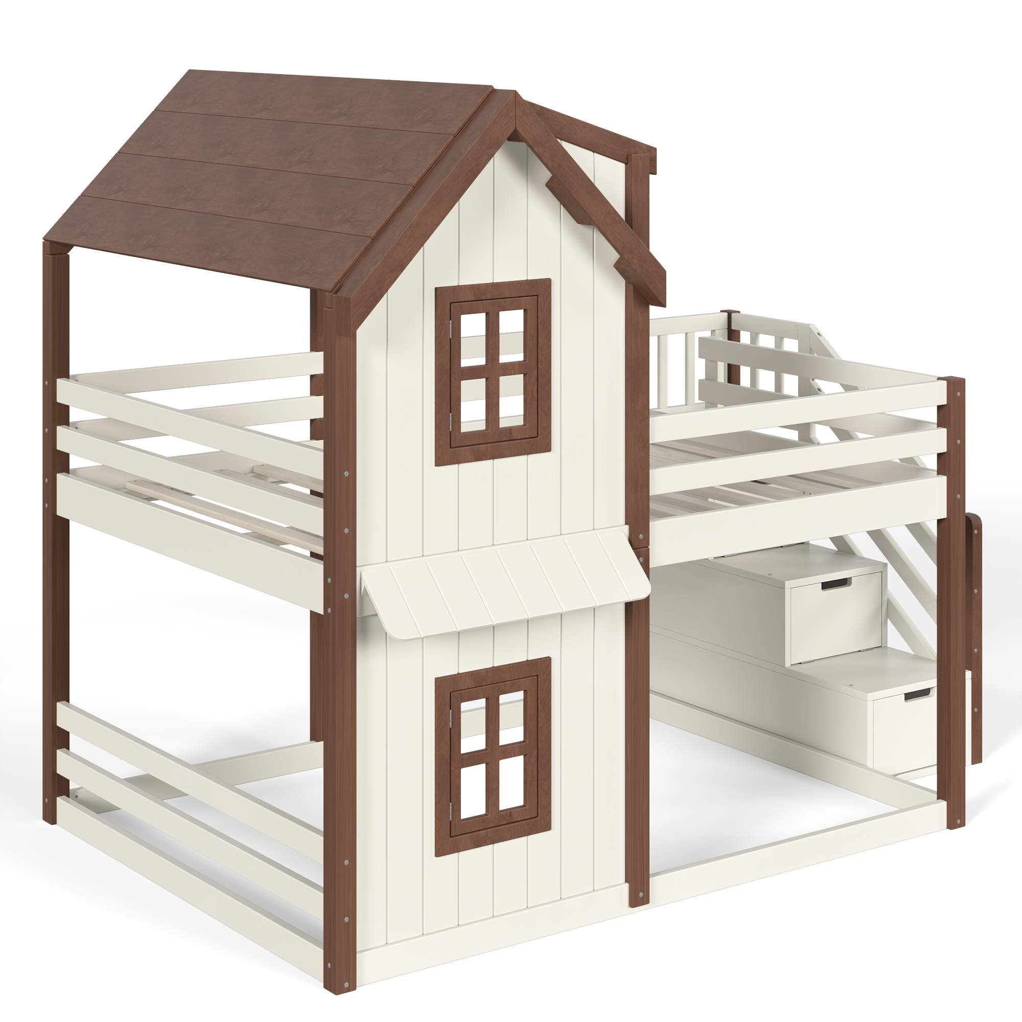 Leumius Full over Full House Bunk Bed with Storage Stairs, Kids Playhouse Bunk Bed with Roof and Windows, Solid Wood Bed Frame with Multifunctional Lower Space, Beige & Natural