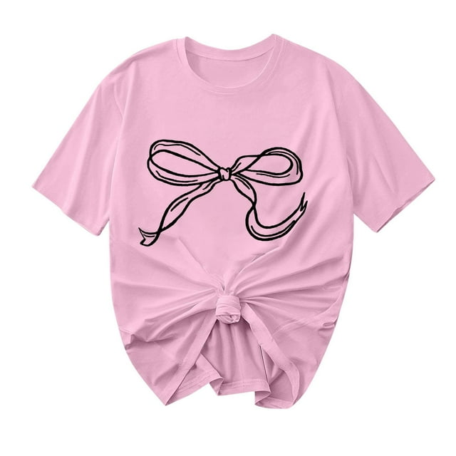 Primavera Top Mujeres Moda Casual Nueva Cinta de Arco Impresa Cuello Redondo Camiseta de Manga Corta, Camiseta de Cuello Tripulado