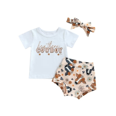 

AMILIEe Toddler Baby Girls Summer Clothes Set Letter Print Short Sleeve T-Shirts Shorts Headband Outfits