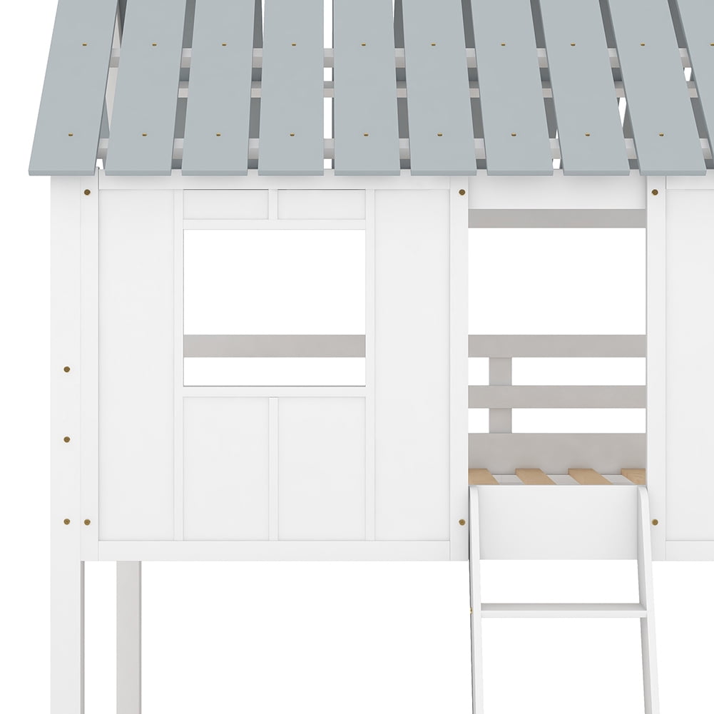 Kadyn Twin over Twin Size Low Bunk Beds with Roof and Fence-shaped Guardrail, White