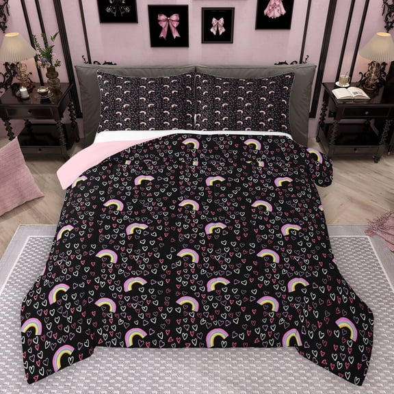 Homewish Kawaii Rainbow Child Bedding Comforter Set, Cute Love Heart Twin Comforter Sets, Black Pink Princess Cartoon Reversible Bedding Set, Ultra Soft Bedroom Decor, 2 Pieces