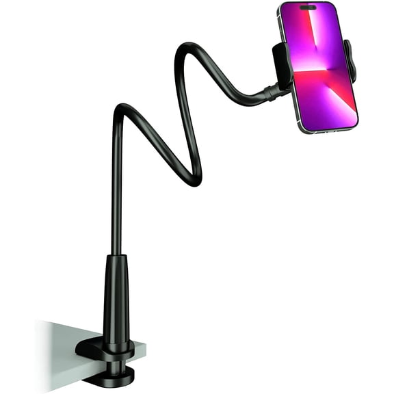 Cell Phone Clip Bed Stand Holder – Flexible Long Arm Gooseneck Bracket Mount Clamp for Desk, Compatible with iPhone and Other 3.5-7" Devices (Black)