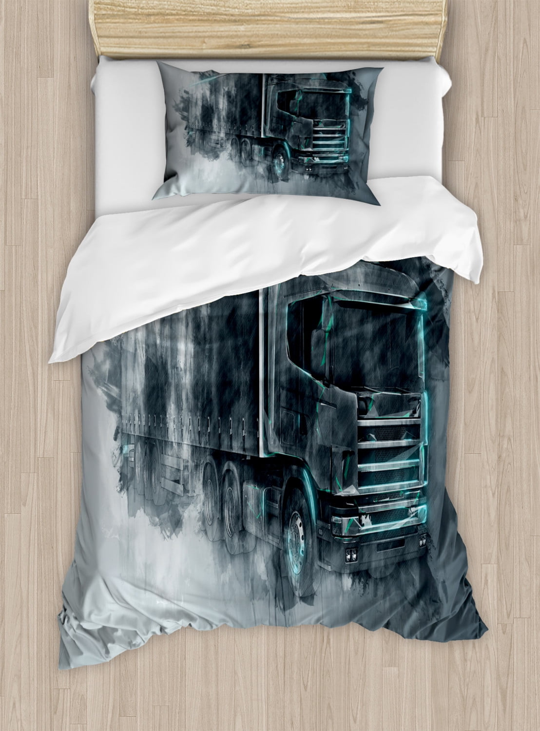 Truck Duvet Cover Set Greyscale Illustration Of A Tractor Trailer