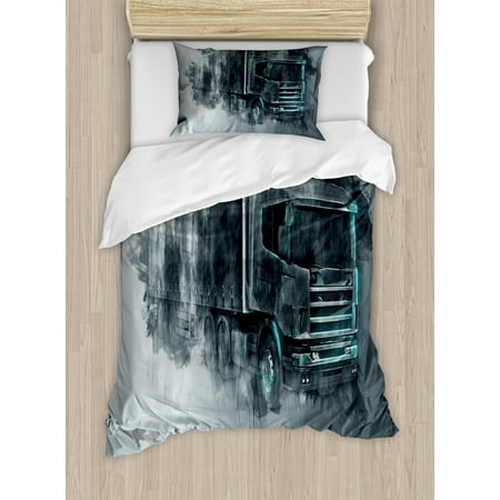 Truck Duvet Cover Set Greyscale Illustration Of A Tractor Trailer