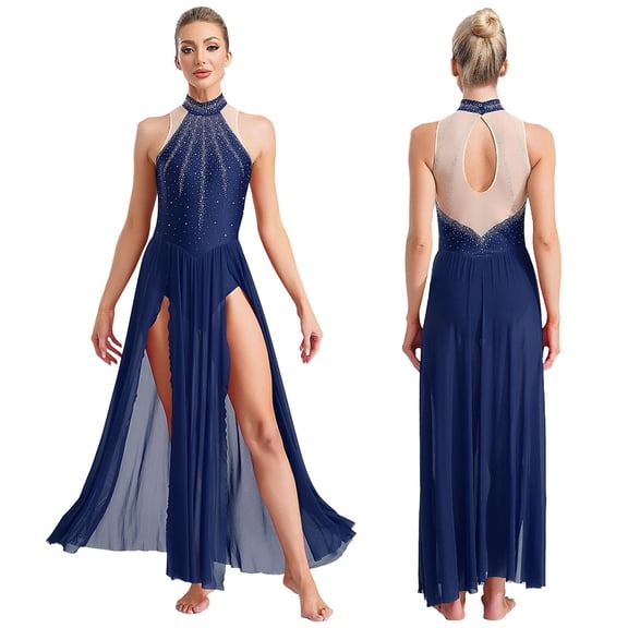Aislor Women Sparkly Lyrical Dance Dress Contemporary Dancewear Shiny Rhinestone Ballet Leotard Dancewear Navy Blue L