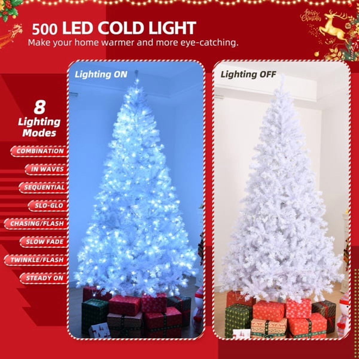 8FT Pre-Lit White Christmas Tree, 1500 PVC Branch Tips, 200 Cold White LEDs, Sturdy Iron Stand, Flame-Retardant Artificial Holiday Centerpiece